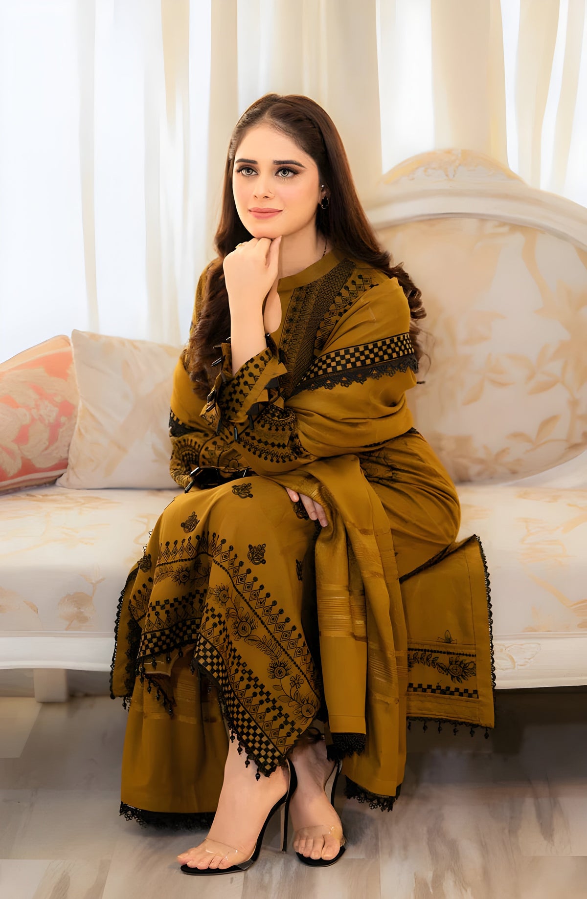 Embroidered Olive Gold / Mustard 3-Piece Dhanak Suit