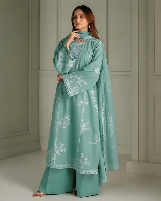 Heavy Embroidered Tea Green 3-Piece Unstitched Suit