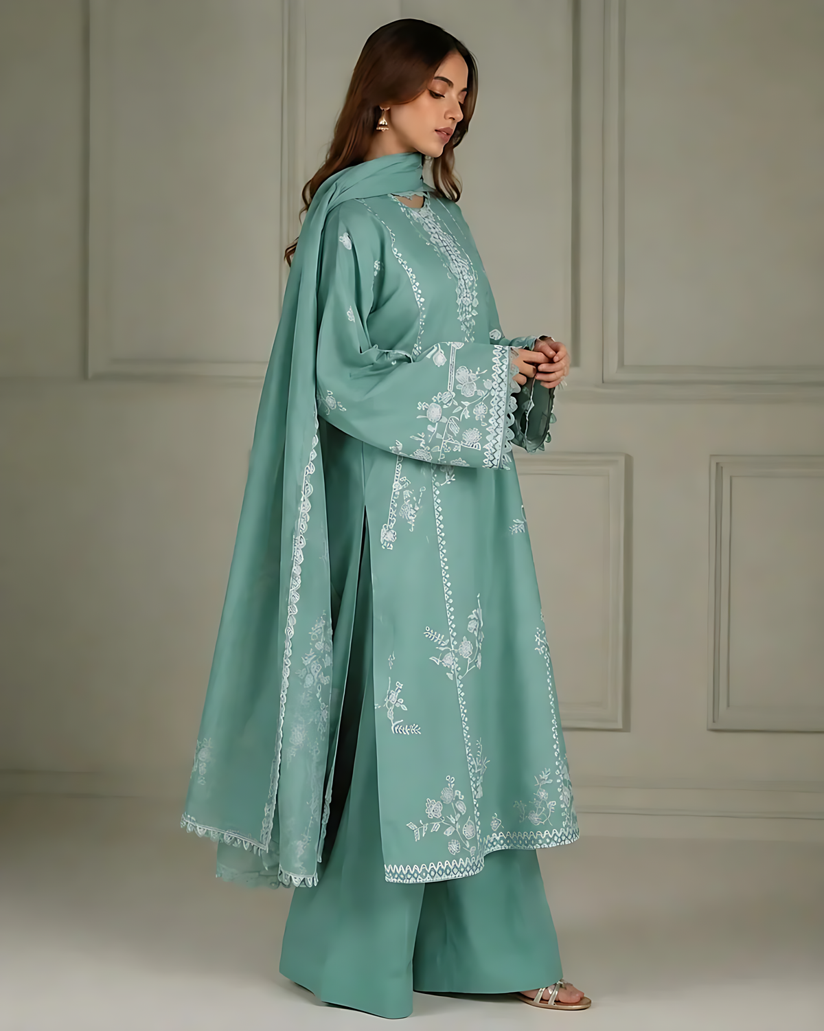 Heavy Embroidered Tea Green 3-Piece Unstitched Suit