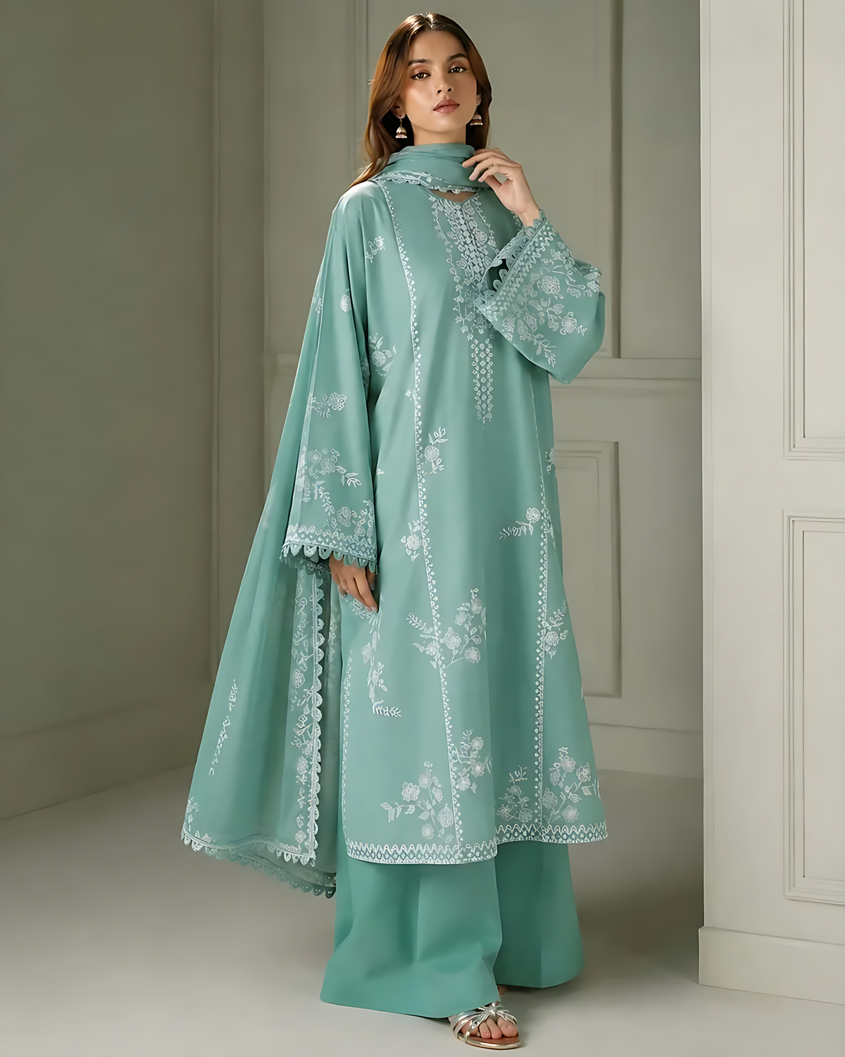 Heavy Embroidered Tea Green 3-Piece Unstitched Suit