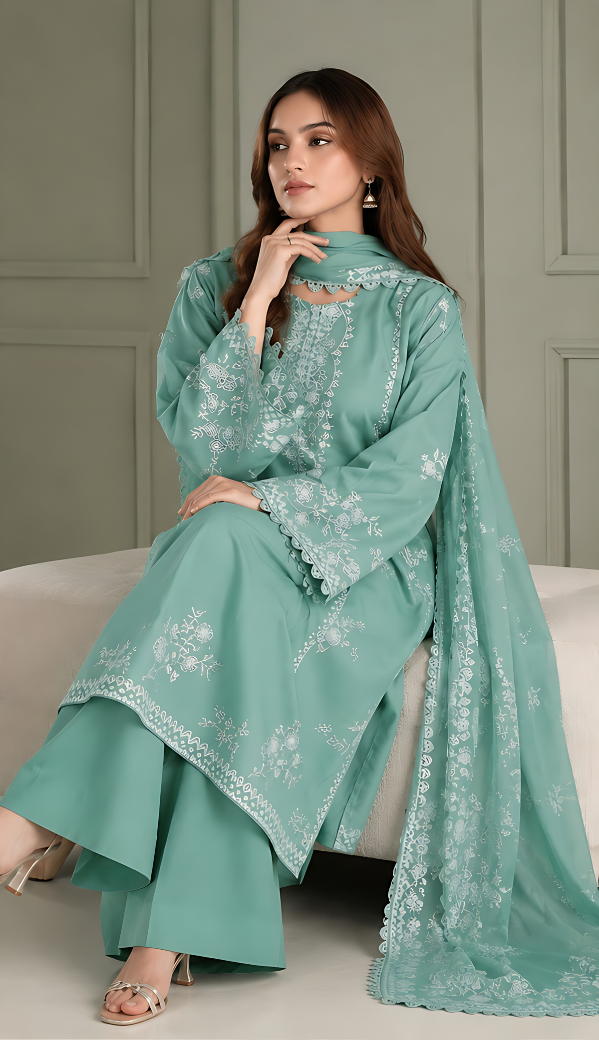 Heavy Embroidered Tea Green 3-Piece Unstitched Suit