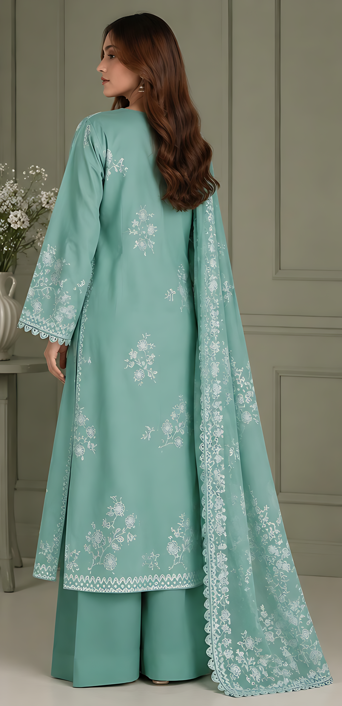 Heavy Embroidered Tea Green 3-Piece Unstitched Suit