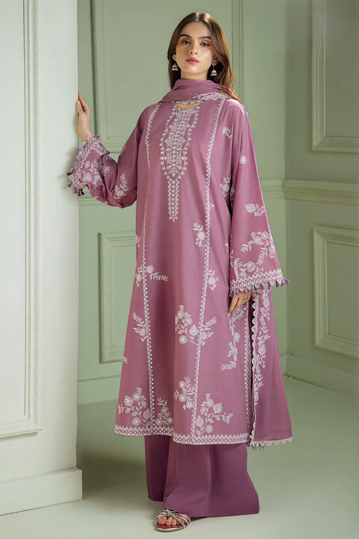 Embroidered Dhanak Dusty Mauve 3-Piece Unstitched Suit