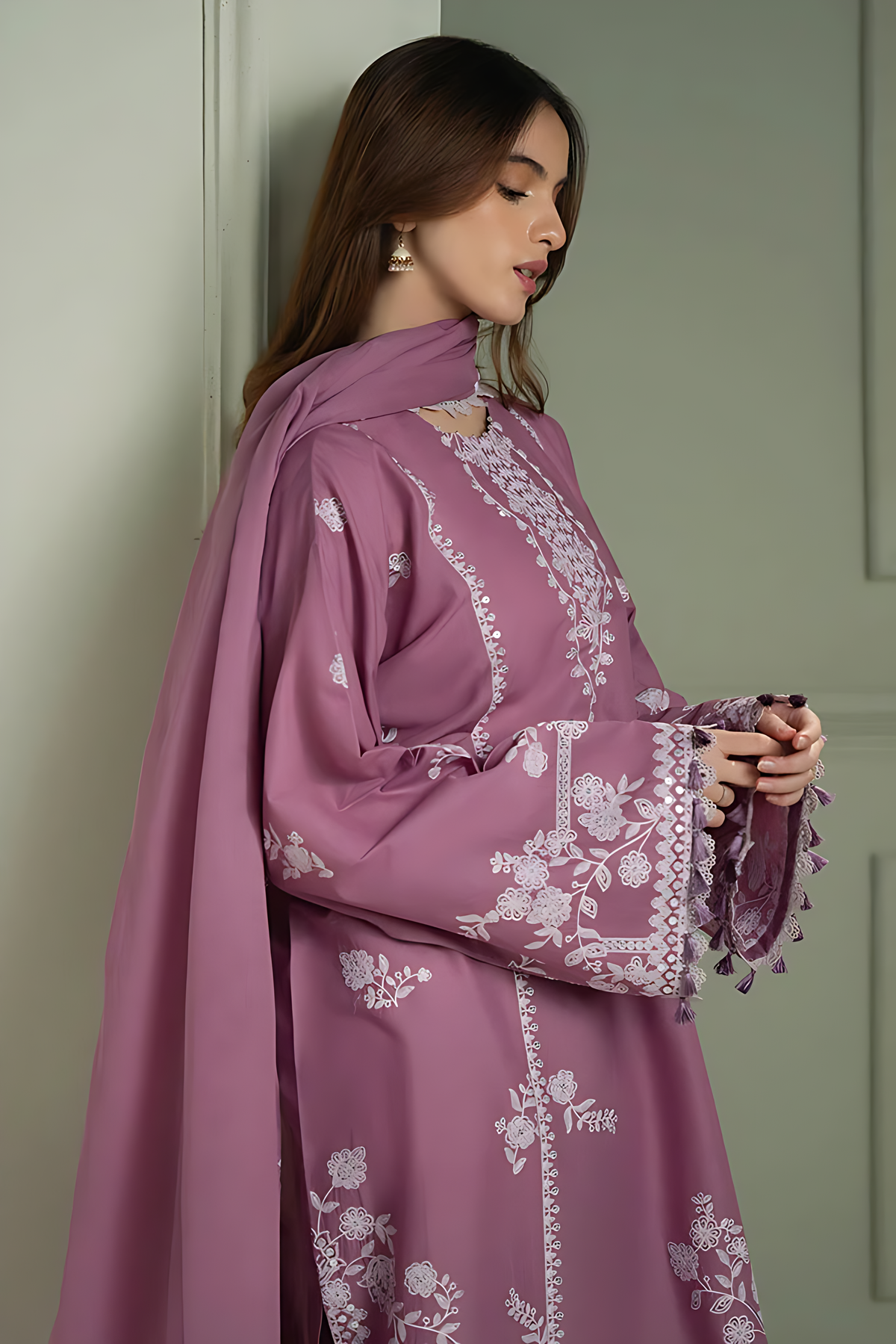 Embroidered Dhanak Dusty Mauve 3-Piece Unstitched Suit