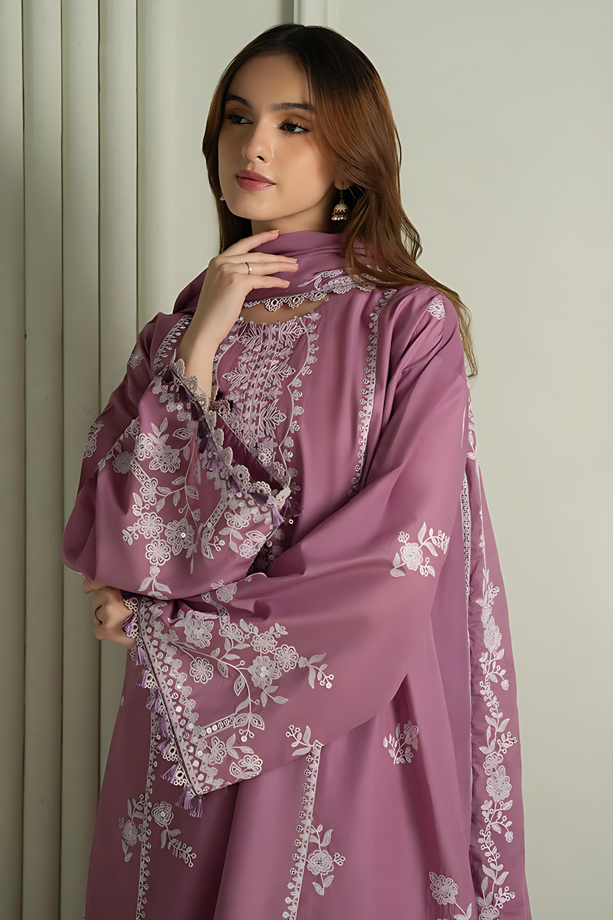 Embroidered Dhanak Dusty Mauve 3-Piece Unstitched Suit