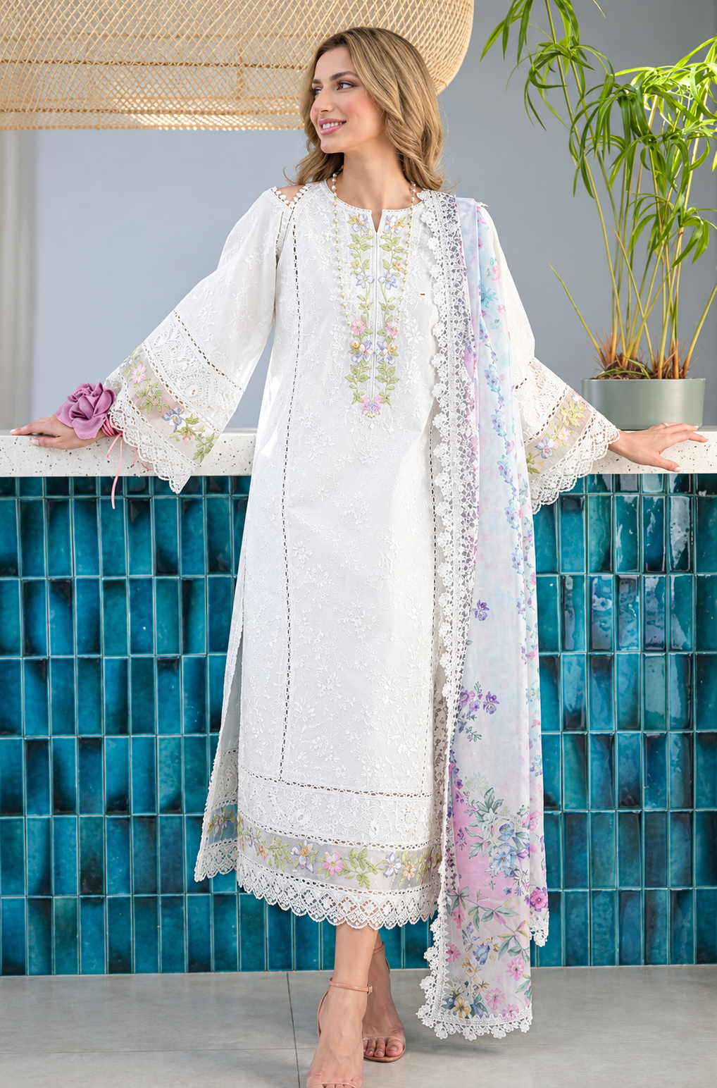 Embroidered Off-White Dhanak 3-Piece Unstitched Suit