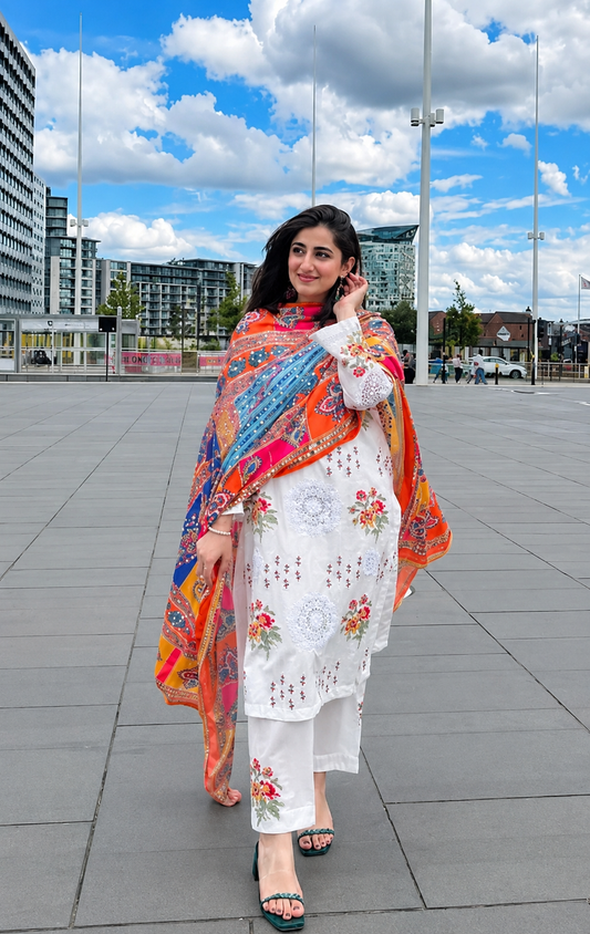 Off-White Dhanak 3-Piece Unstitched Suit with Multi-Color Shawl