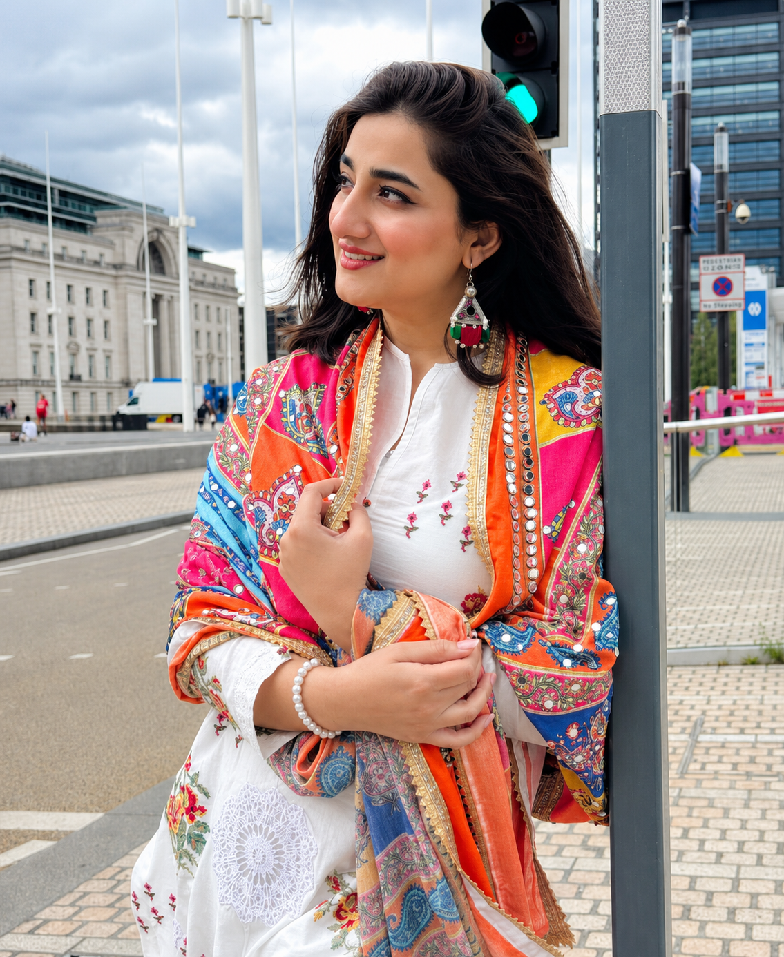 Off-White Dhanak 3-Piece Unstitched Suit with Multi-Color Shawl