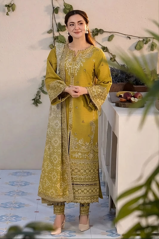 Embroidered Dhanak Olive Mustard 3-Pc Unstitched  Suit