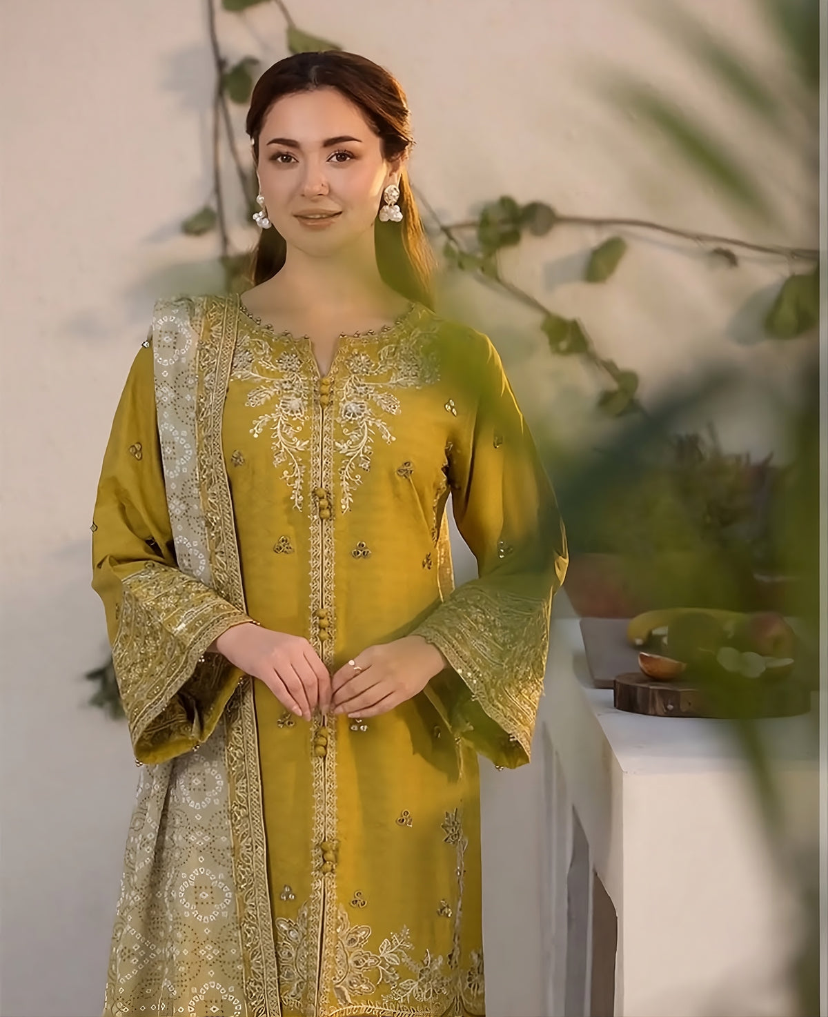 Embroidered Dhanak Olive Mustard 3-Pc Unstitched  Suit