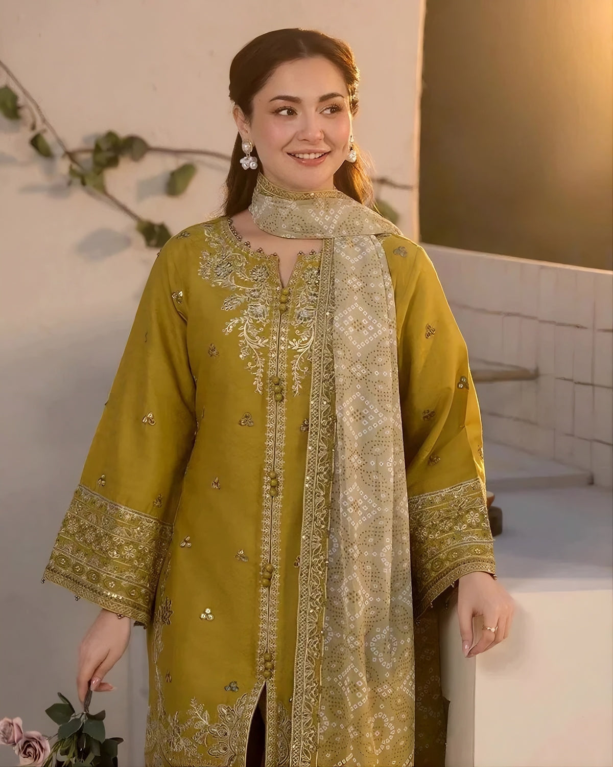 Embroidered Dhanak Olive Mustard 3-Pc Unstitched  Suit