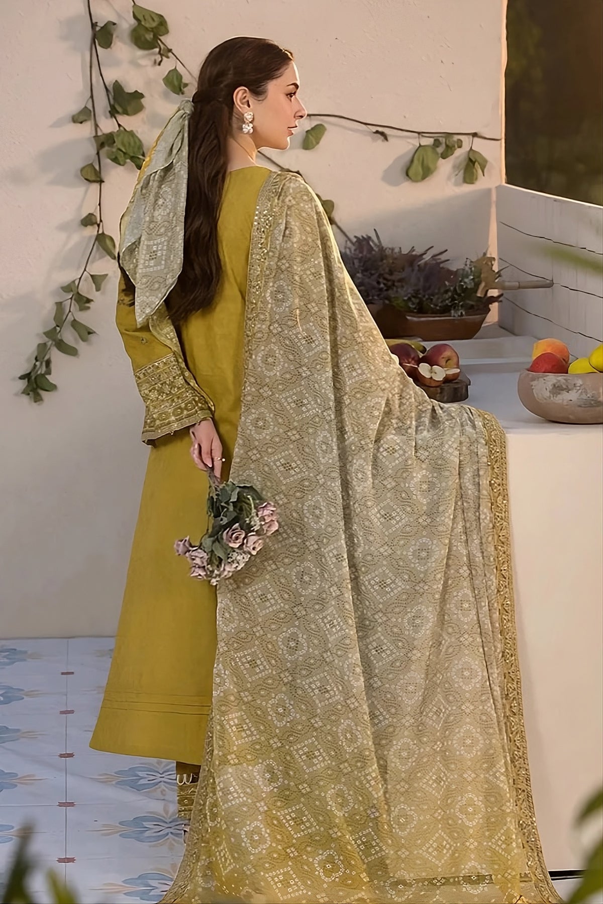 Embroidered Dhanak Olive Mustard 3-Pc Unstitched  Suit