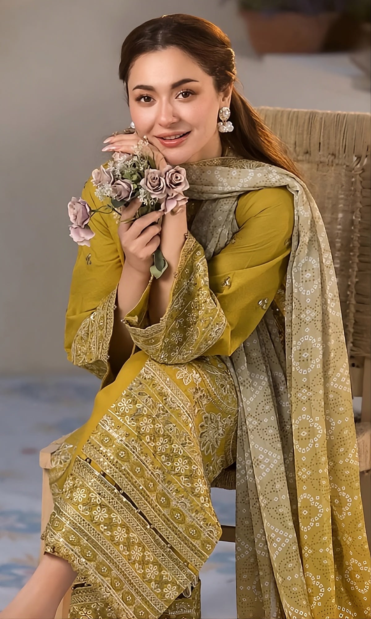 Embroidered Dhanak Olive Mustard 3-Pc Unstitched  Suit