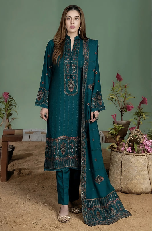 Embroidered Deep Zinc 3-Piece Dhanak Suit