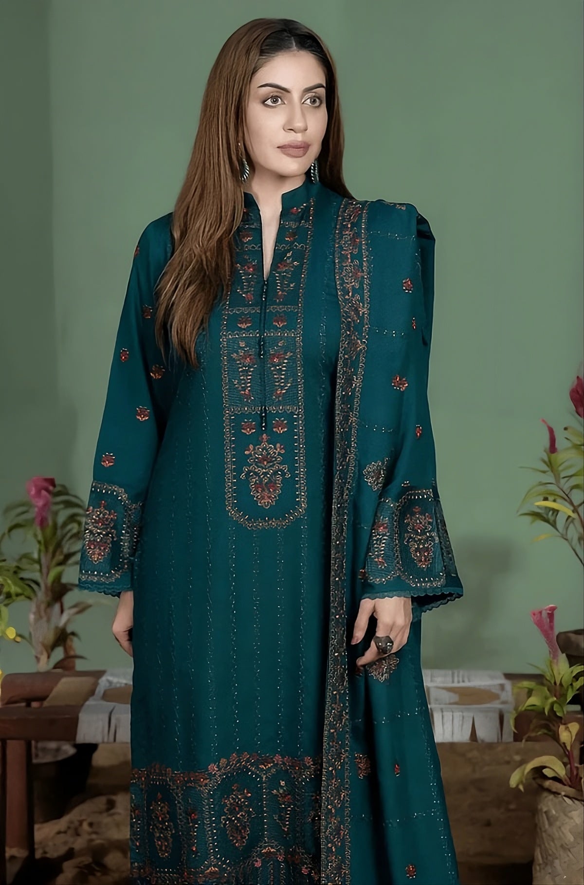 Embroidered Deep Zinc 3-Piece Dhanak Suit