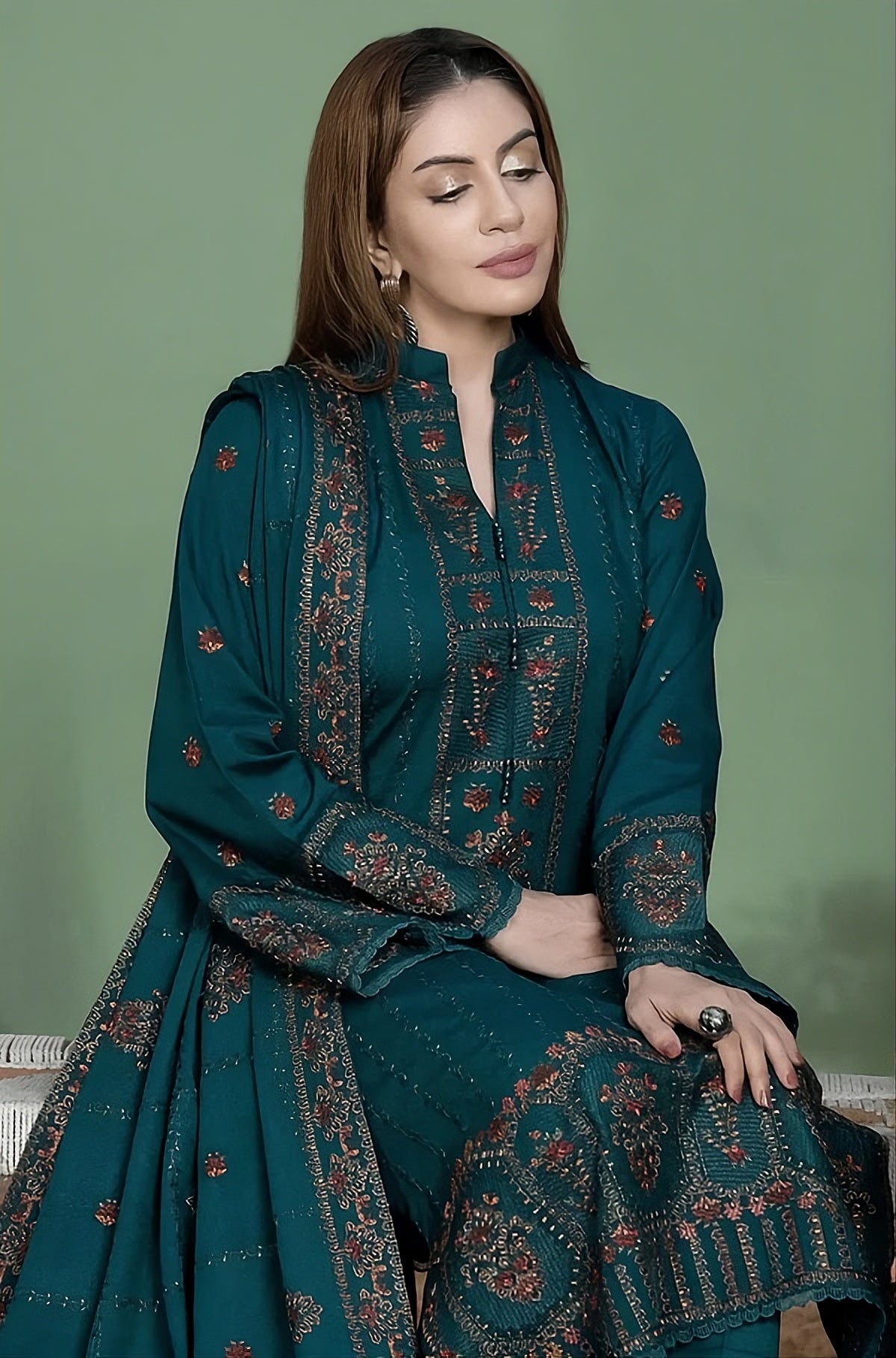 Embroidered Deep Zinc 3-Piece Dhanak Suit
