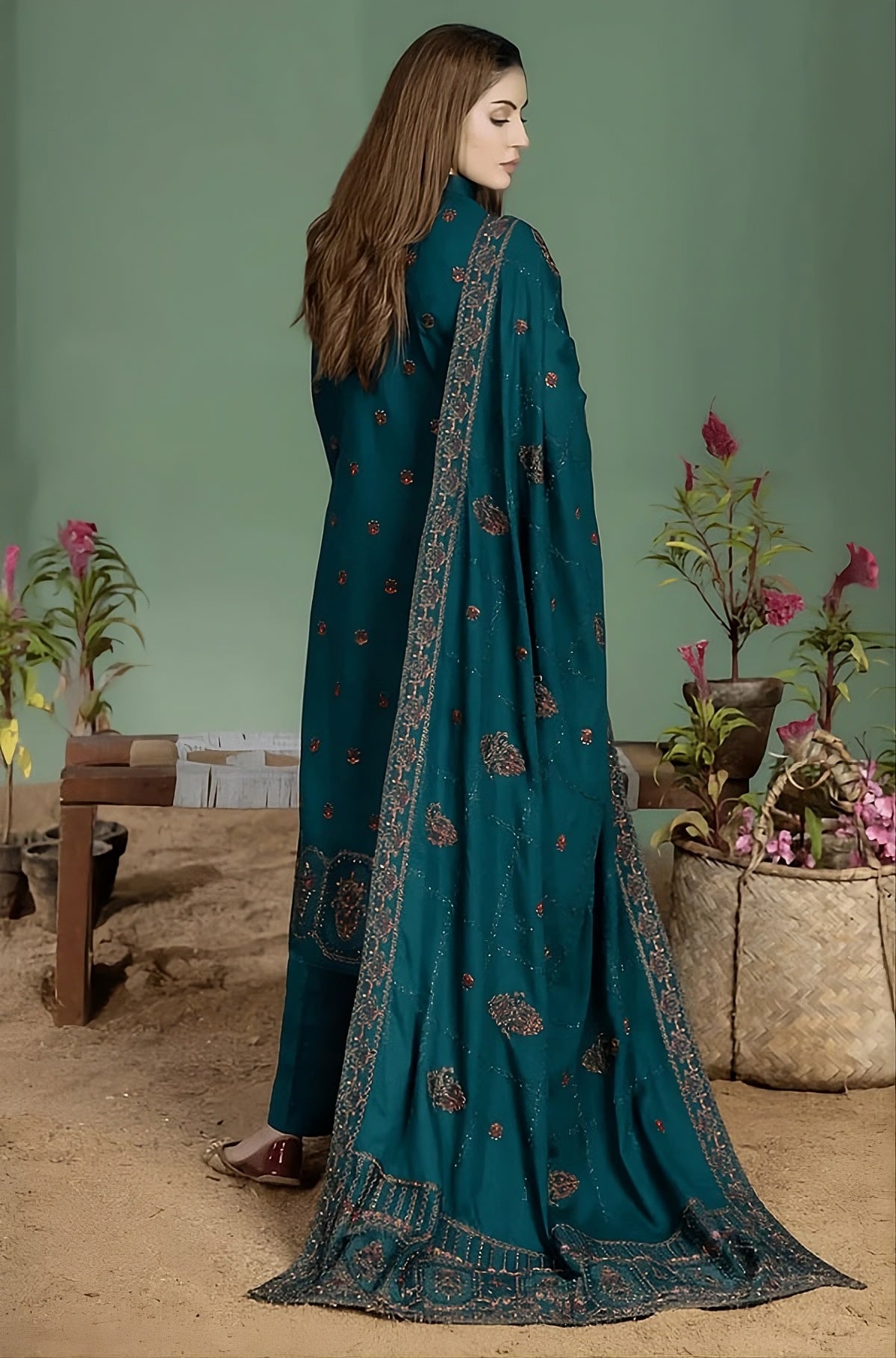 Embroidered Deep Zinc 3-Piece Dhanak Suit