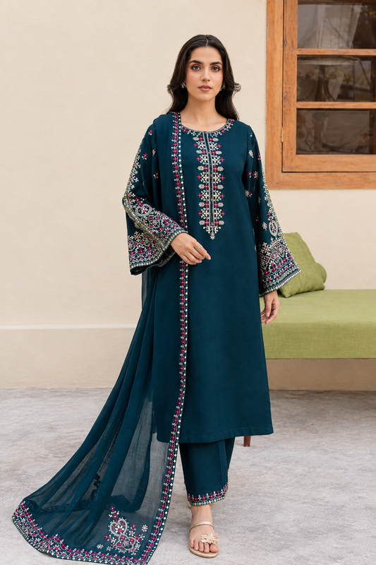 Embroidered Teal / Zinc Blue Dhanak 3-Piece Unstitched Suit