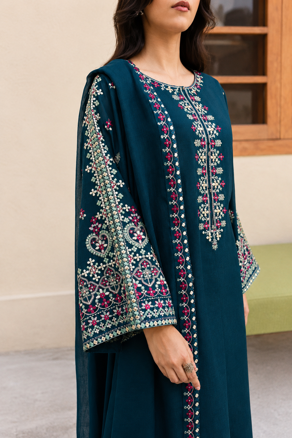Embroidered Teal / Zinc Blue Dhanak 3-Piece Unstitched Suit