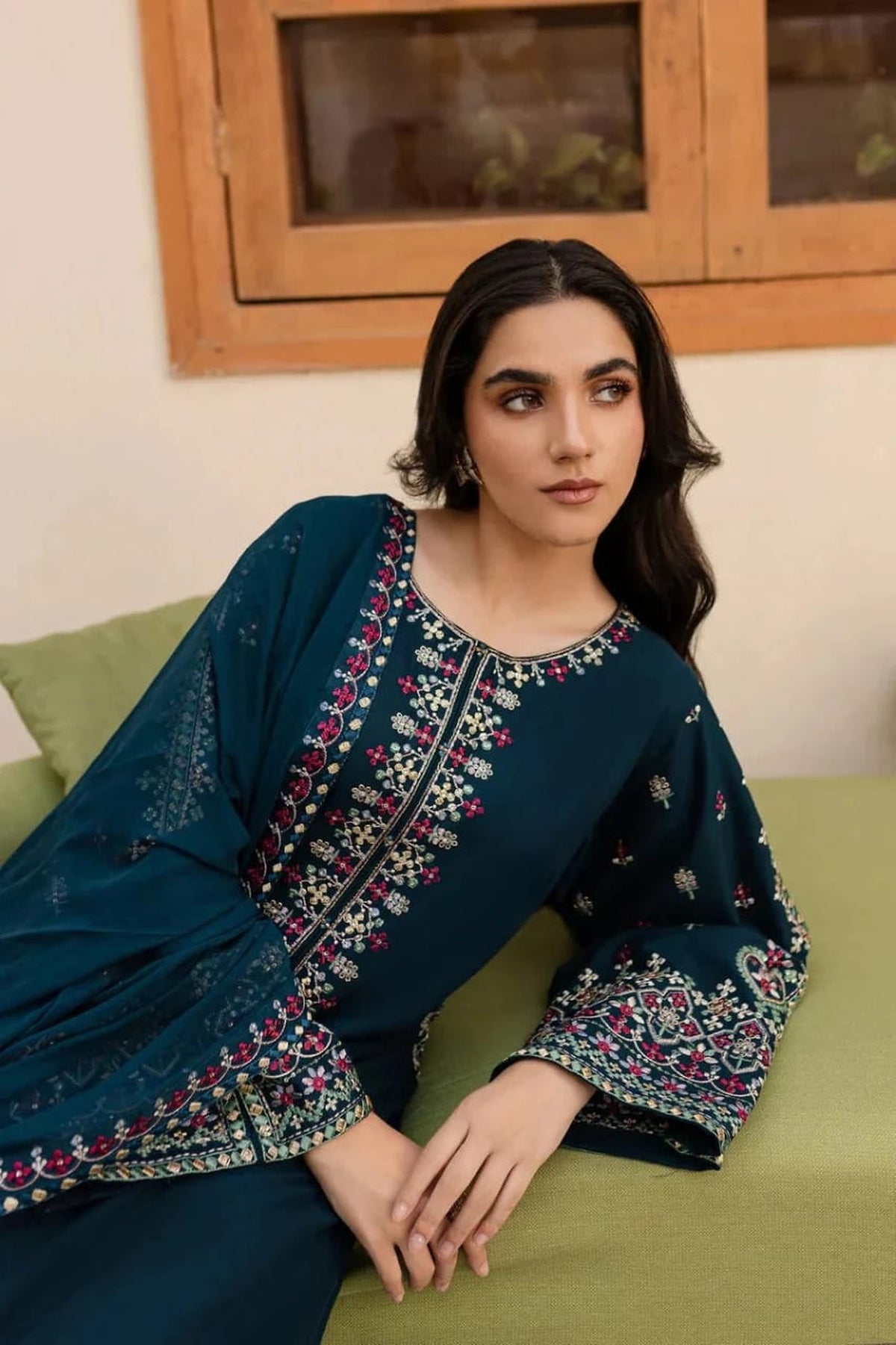Embroidered Teal / Zinc Blue Dhanak 3-Piece Unstitched Suit
